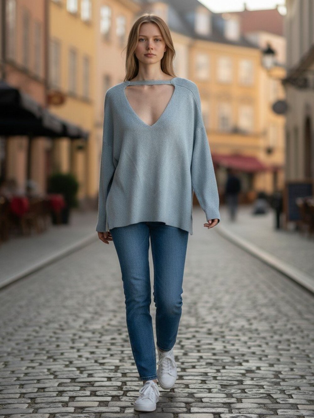 07: Windsor Light Blue Twist Front Sweater Off Shoulder Cozy Knit Chic Top